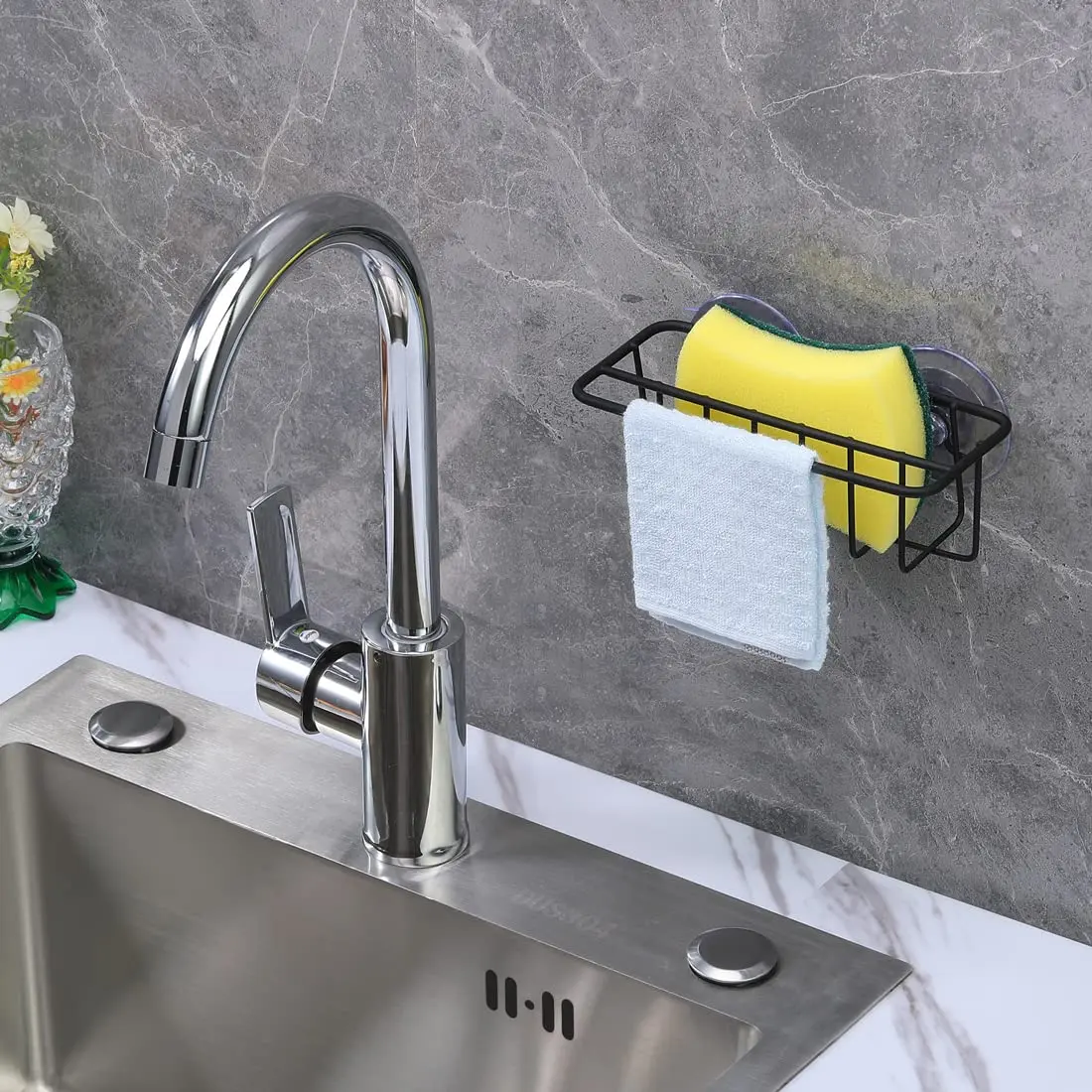 TESOT Sink Caddy Sponge Holder SUS304 Stainless Steel Black | Rust-Resistant Kitchen Organizer - view 3