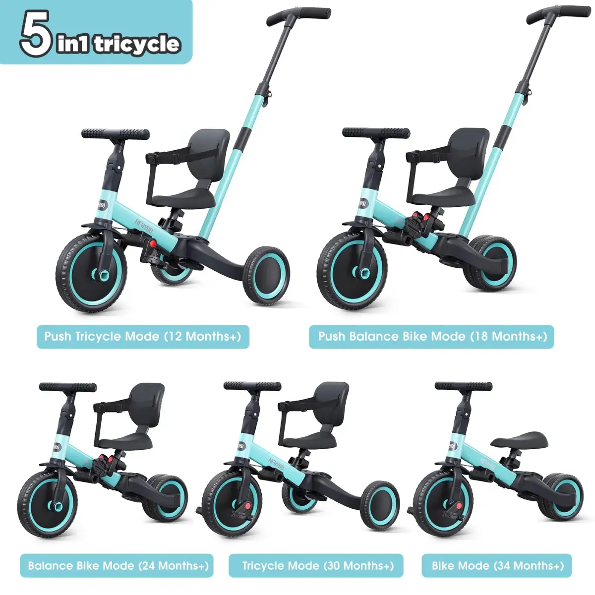newyoo TR007 5-in-1 Tricycle for Toddlers 1-3 Years | ASTM & EN188 Approved Carbon Steel Frame - view 2