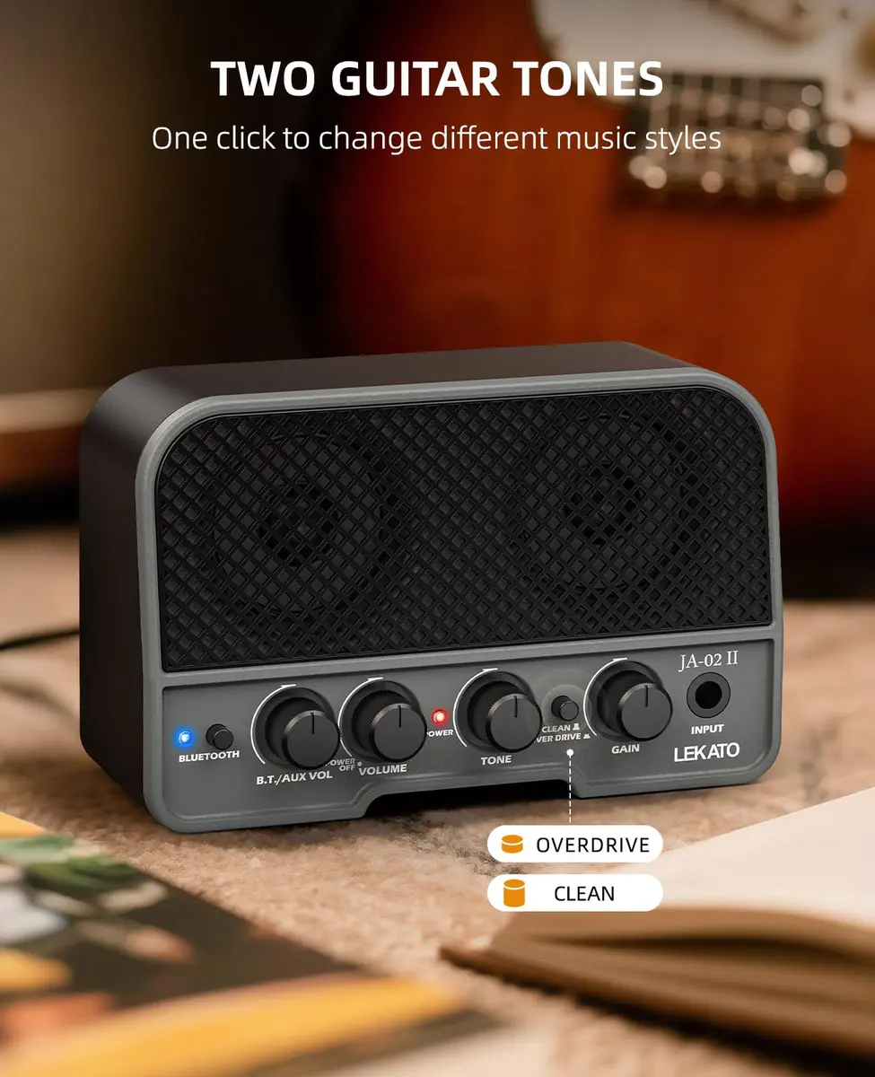 LEKATO Mini Guitar Amp 5W | Rechargeable, Bluetooth, Clean & Overdrive Channels, Portable Practice Amp, Black - view 2