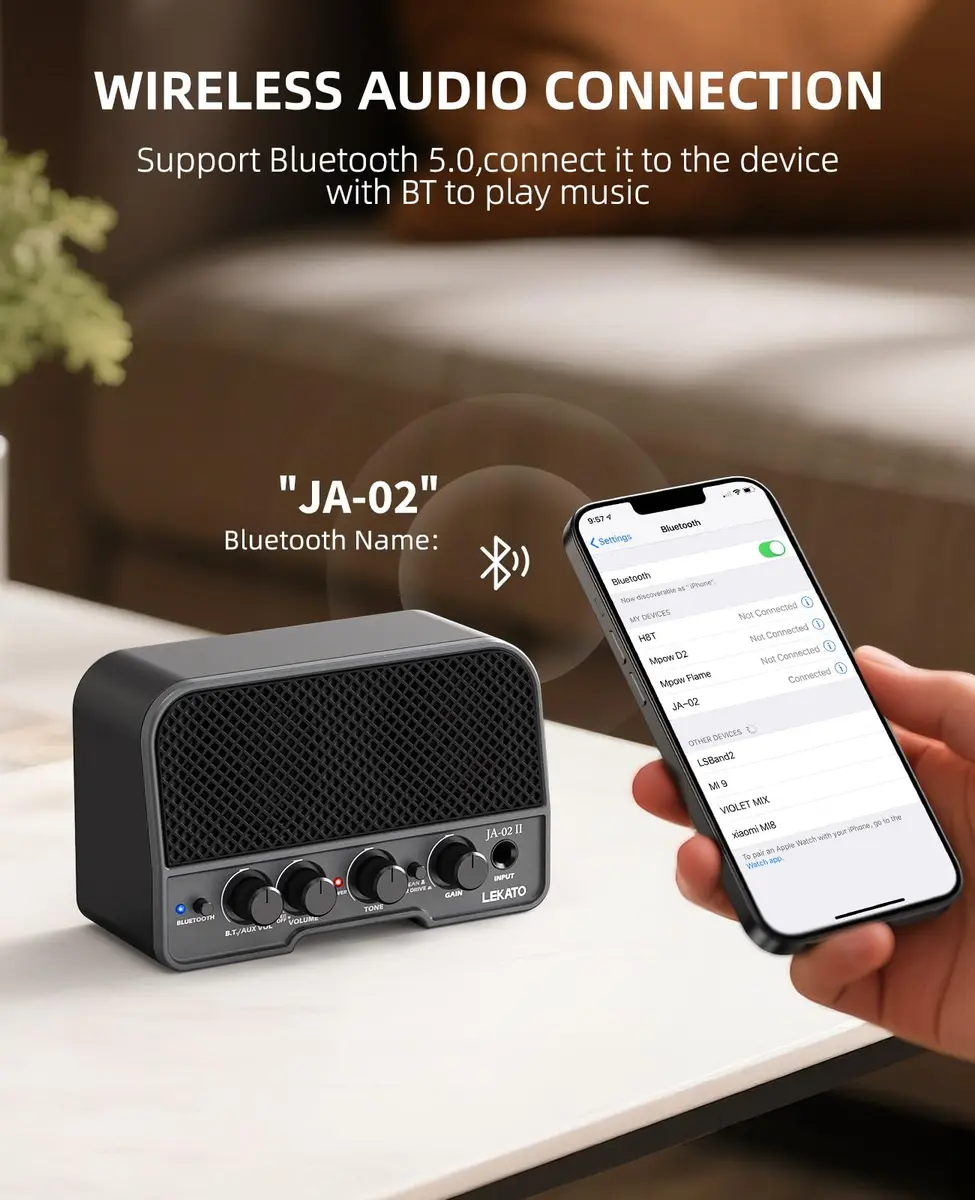 LEKATO Mini Guitar Amp 5W | Rechargeable, Bluetooth, Clean & Overdrive Channels, Portable Practice Amp, Black - view 4