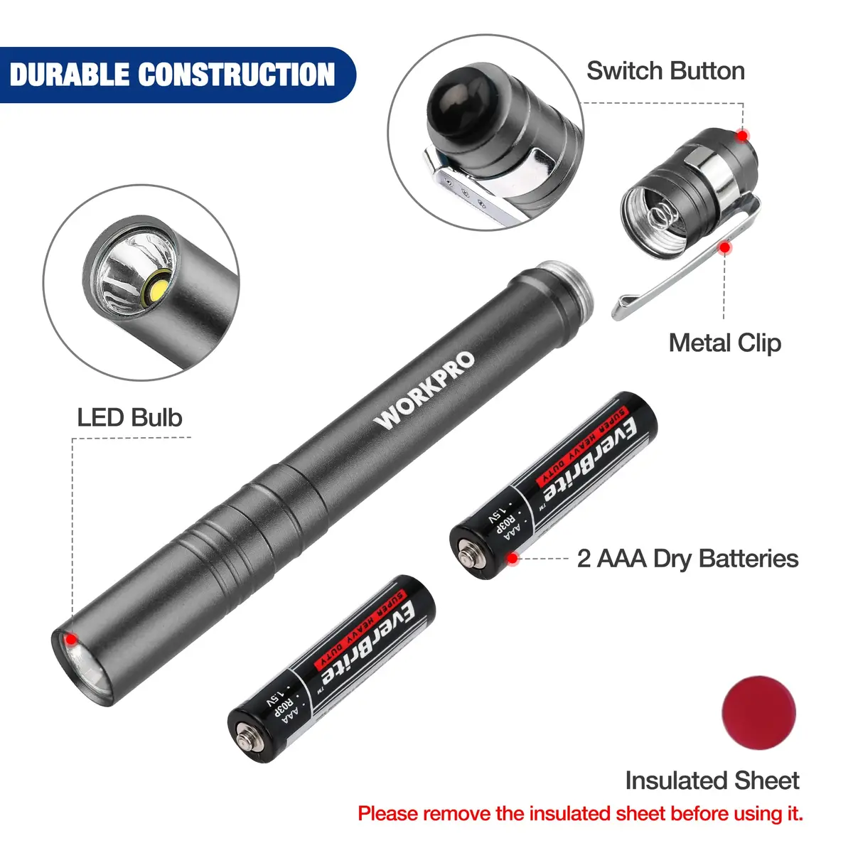 WORKPRO LED Pen Light, Aluminum Pen Flashlight with Clip, 4-Pack (30g/1.05 oz each) | Bright Inspection Light for Mechanics & Outdoor Use - view 4