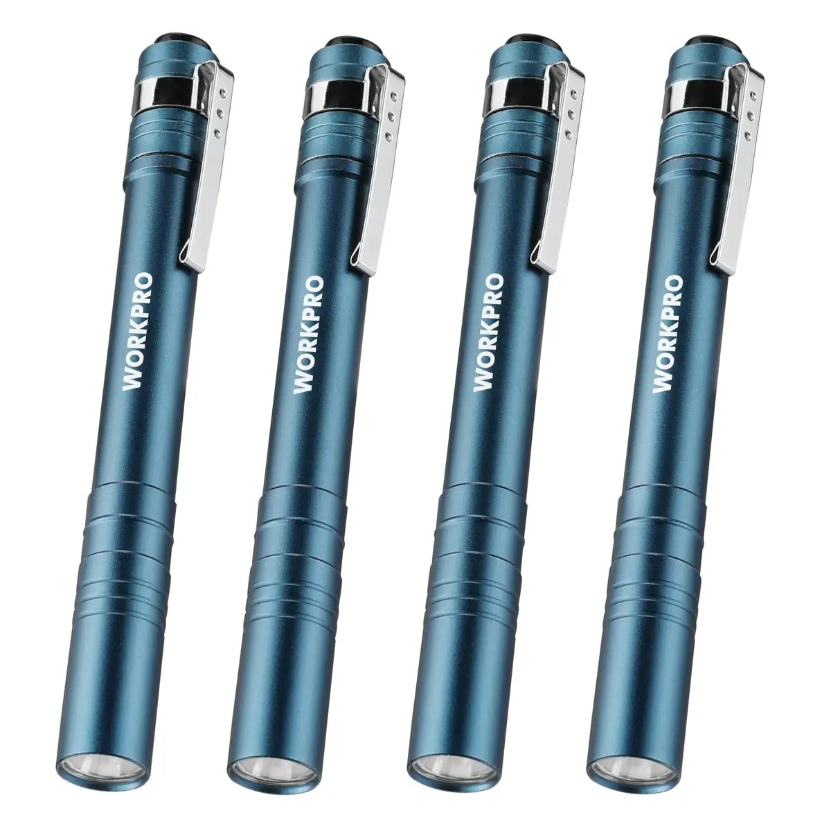 WORKPRO LED Pen Light, Aluminum Pen Flashlight with Clip, 4-Pack Blue | 1.05 oz (30g) Each, 2AAA Batteries Included - main product image