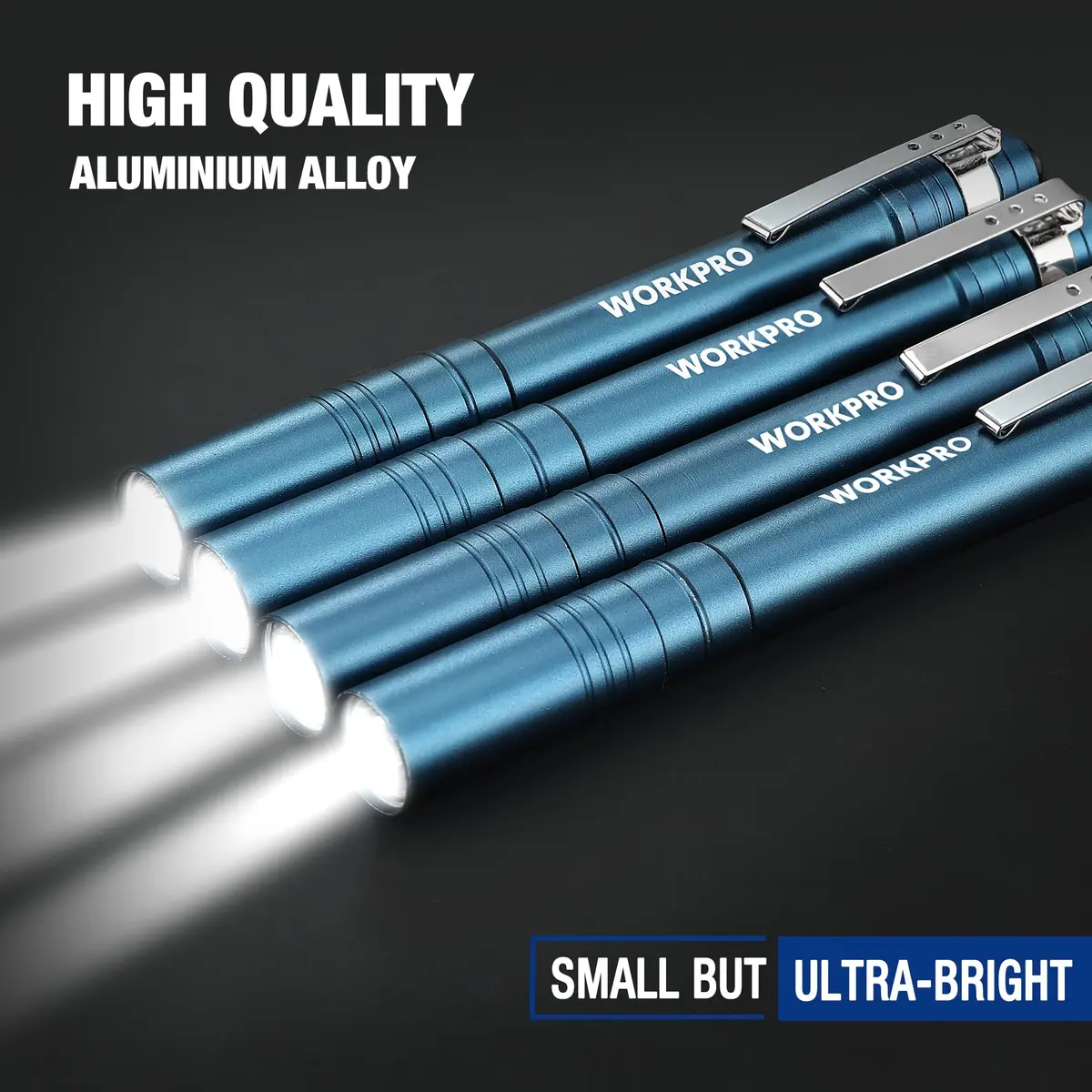 WORKPRO LED Pen Light, Aluminum Pen Flashlight with Clip, 4-Pack Blue | 1.05 oz (30g) Each, 2AAA Batteries Included - view 3