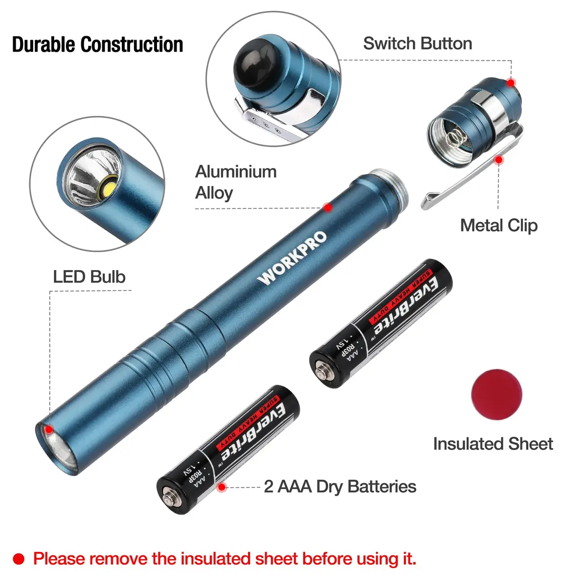 WORKPRO LED Pen Light, Aluminum Pen Flashlight with Clip, 4-Pack Blue | 1.05 oz (30g) Each, 2AAA Batteries Included - view 4