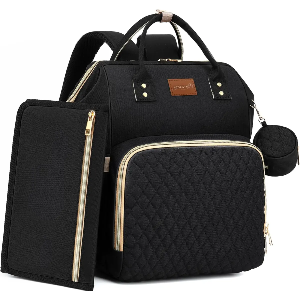 ROSEGIN Diaper Bag Backpack with Changing Pad & Pacifier Case, Large 35L Waterproof Travel Quilted Baby Bag for Mom & Dad - Black - main product image