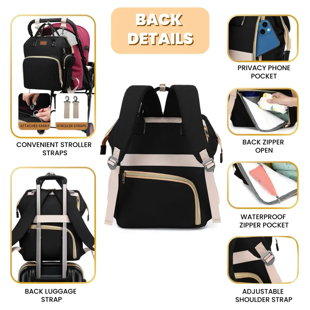 ROSEGIN Diaper Bag Backpack with Changing Pad & Pacifier Case, Large 35L Waterproof Travel Quilted Baby Bag for Mom & Dad - Black - view 4