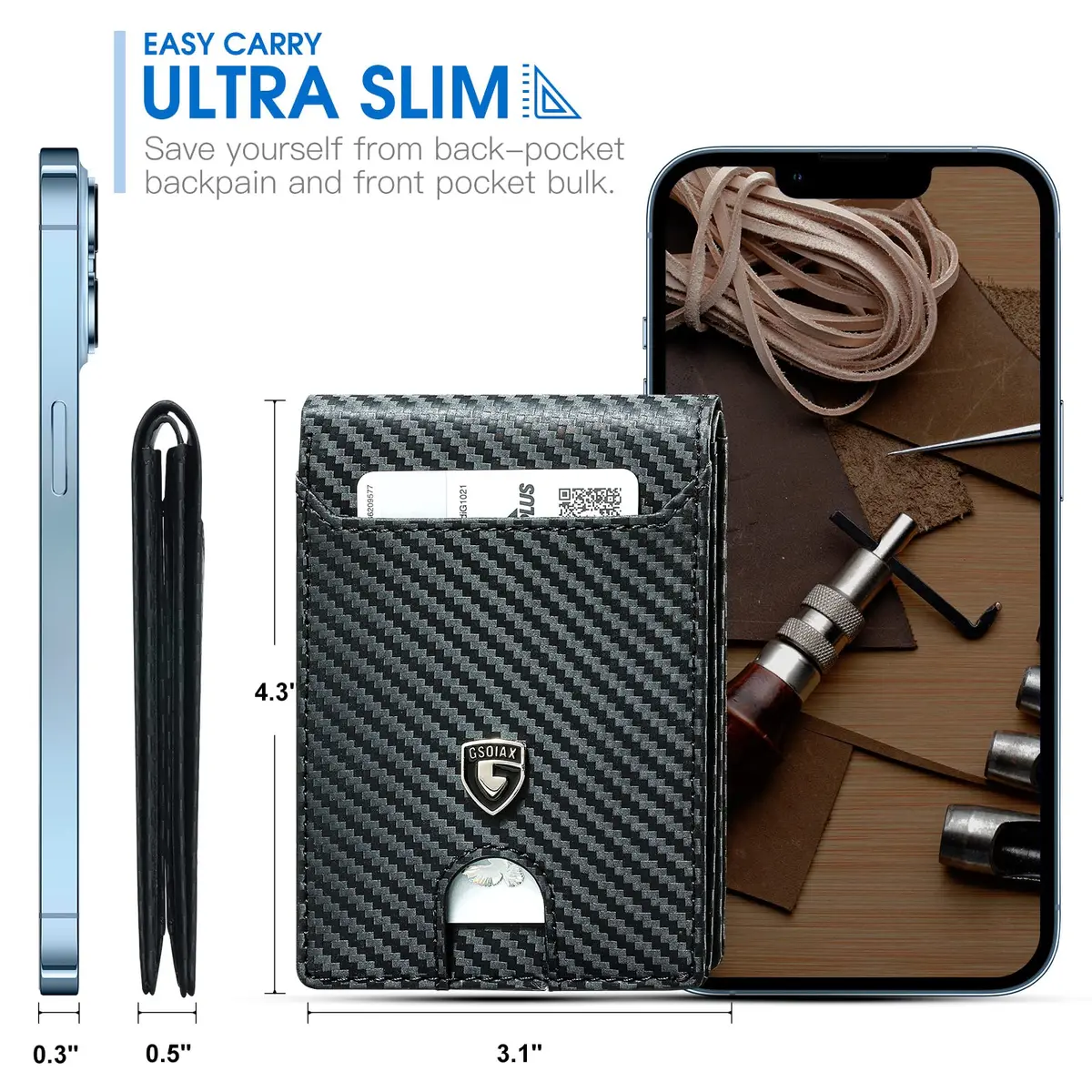 GSOIAX Slim Wallet for Men RFID Blocking Bifold Carbon Fiber Front Pocket Wallet with 11 Card Slots | Minimalist Mens Wallet - view 2