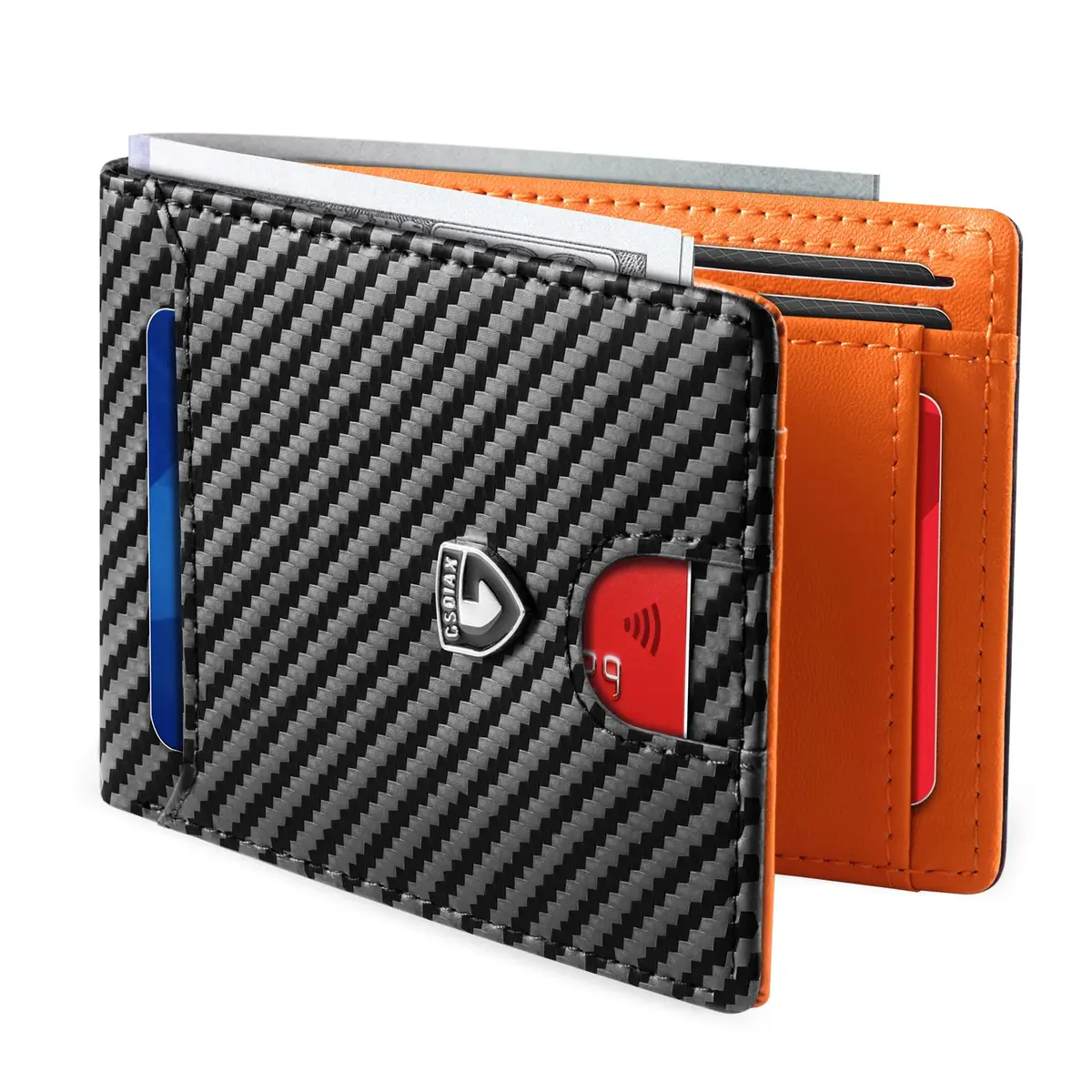GSOIAX Slim Wallet for Men RFID Blocking Bifold Wallet Carbon Fiber Front Pocket Wallet with 11 Card Holder Minimalist Mens Wallet with Gift Box (Carbon Orange) | Ultra-Slim & RFID Protected - main product image