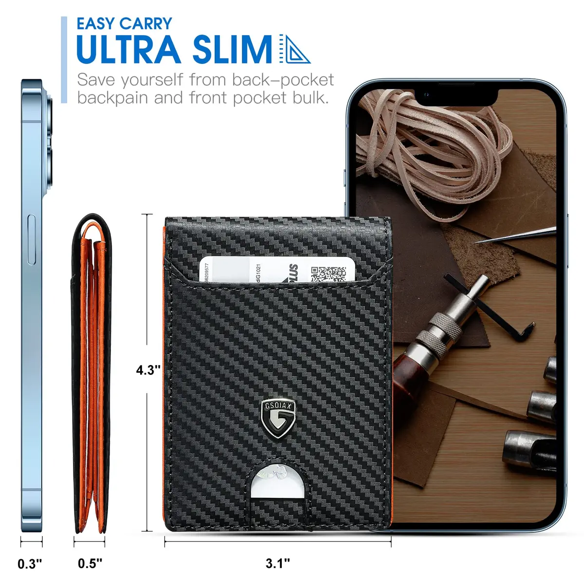 GSOIAX Slim Wallet for Men RFID Blocking Bifold Wallet Carbon Fiber Front Pocket Wallet with 11 Card Holder Minimalist Mens Wallet with Gift Box (Carbon Orange) | Ultra-Slim & RFID Protected - view 2