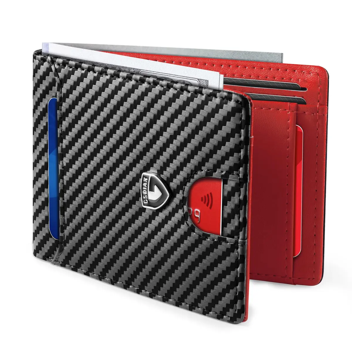 GSOIAX Slim Wallet for Men RFID Blocking Bifold Wallet Carbon Fiber Front Pocket Wallet with 11 Card Holder Minimalist Mens Wallet with Gift Box (Carbon Black and Red) - main product image