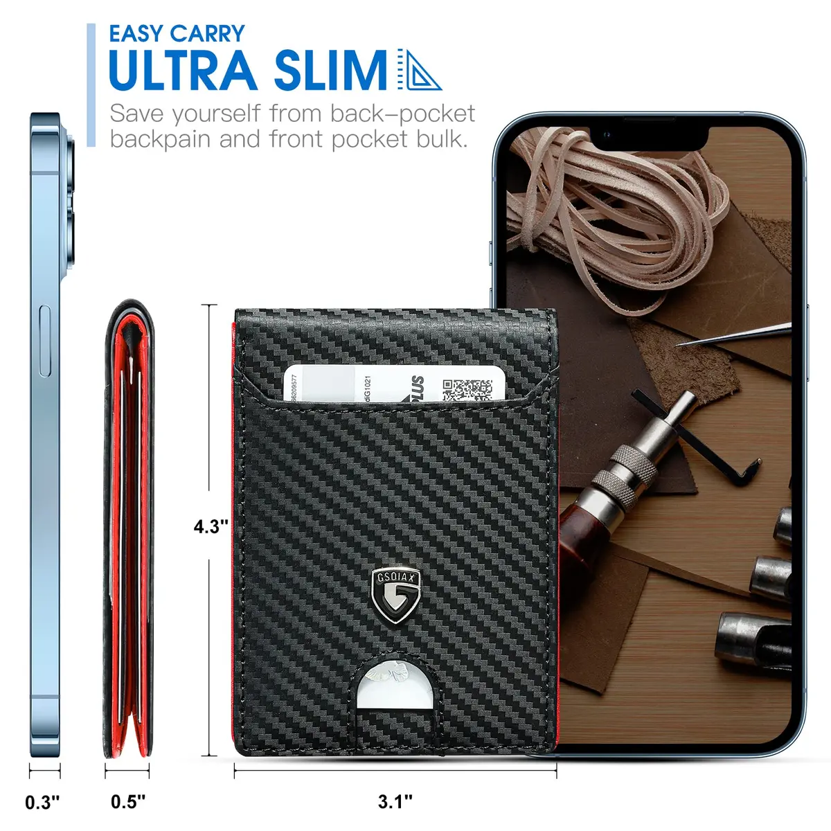 GSOIAX Slim Wallet for Men RFID Blocking Bifold Wallet Carbon Fiber Front Pocket Wallet with 11 Card Holder Minimalist Mens Wallet with Gift Box (Carbon Black and Red) - view 3