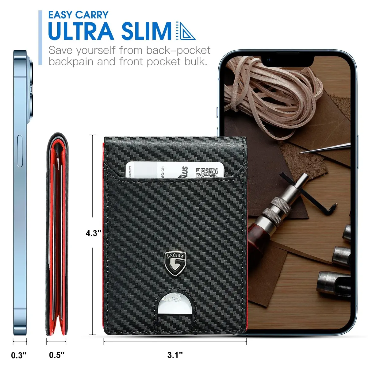 GSOIAX Slim Wallet for Men RFID Blocking Bifold Wallet Carbon Fiber Front Pocket Wallet with 11 Card Holder Minimalist Mens Wallet with Gift Box (Carbon Black and Red) - view 4