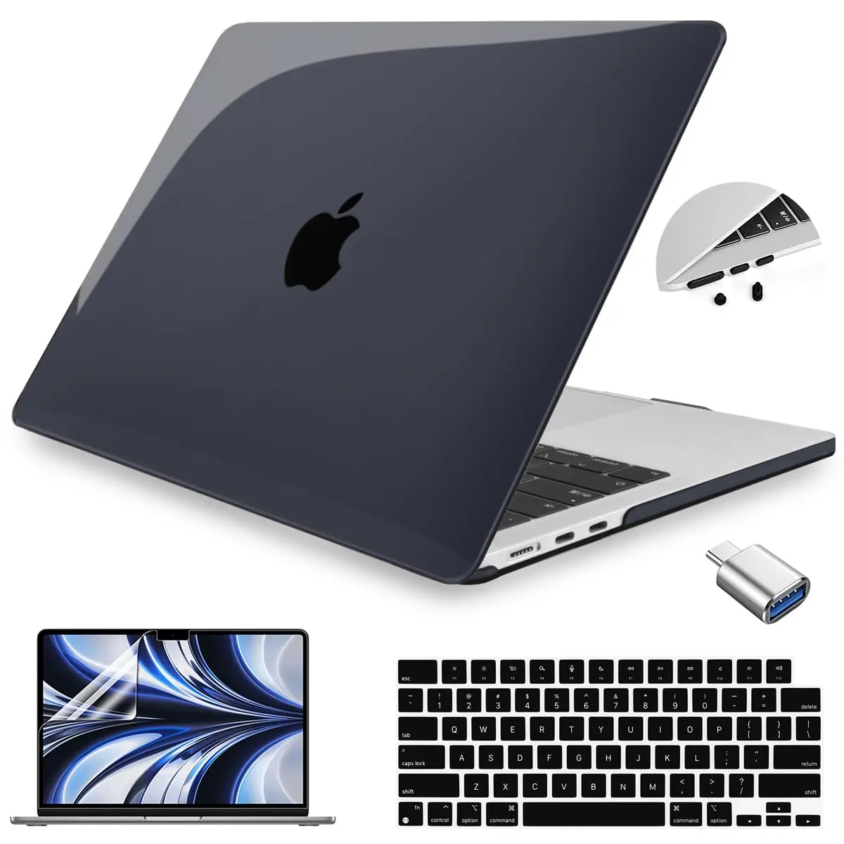 Teryeefi MacBook Air 13.6 Inch Case with Keyboard Cover & USB Adapter | Crystal Black Hard Shell for M2/M3/M4 Chip (A2681/A3113/A3240) - main product image
