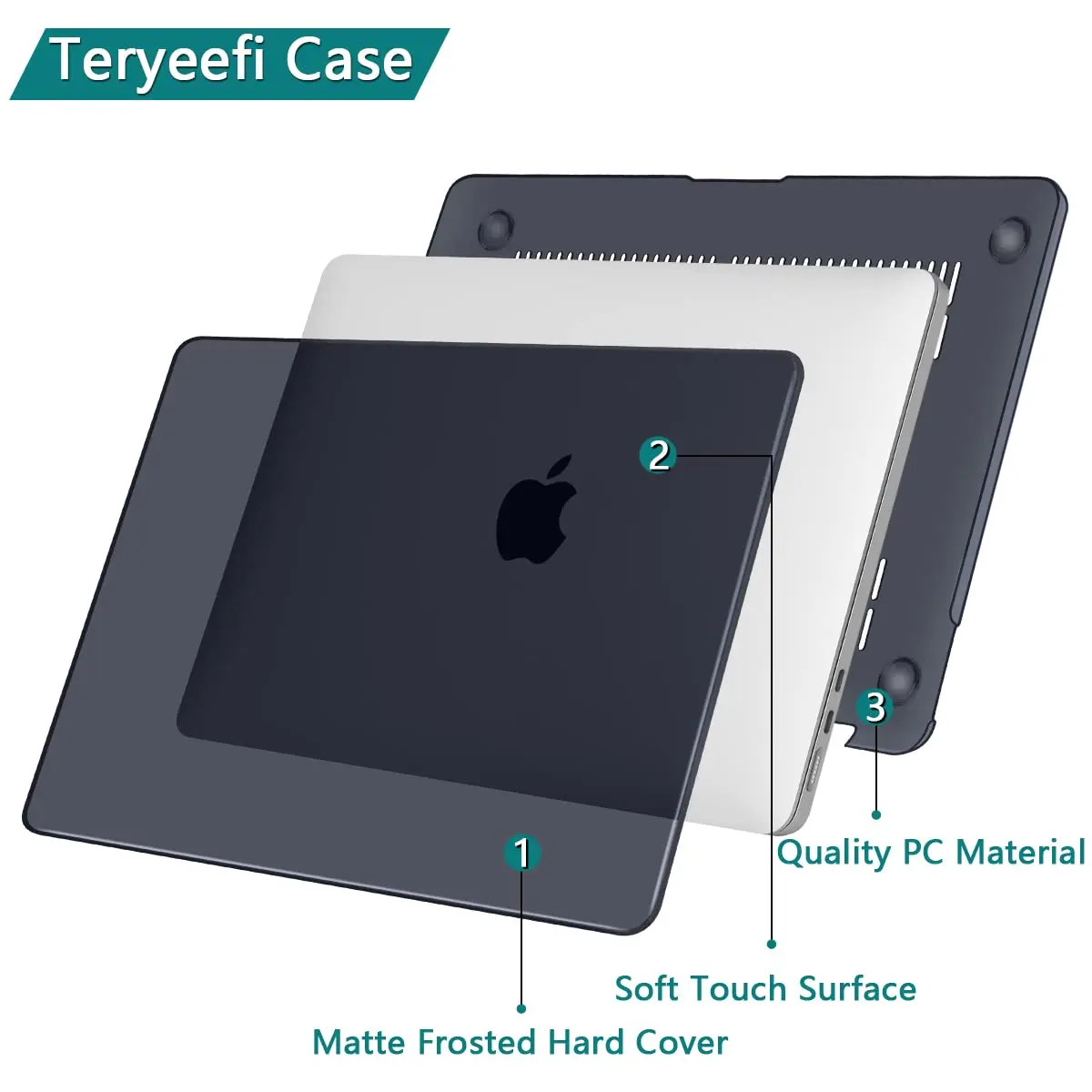 Teryeefi MacBook Air 13.6 Inch Case with Keyboard Cover & USB Adapter | Crystal Black Hard Shell for M2/M3/M4 Chip (A2681/A3113/A3240) - view 6