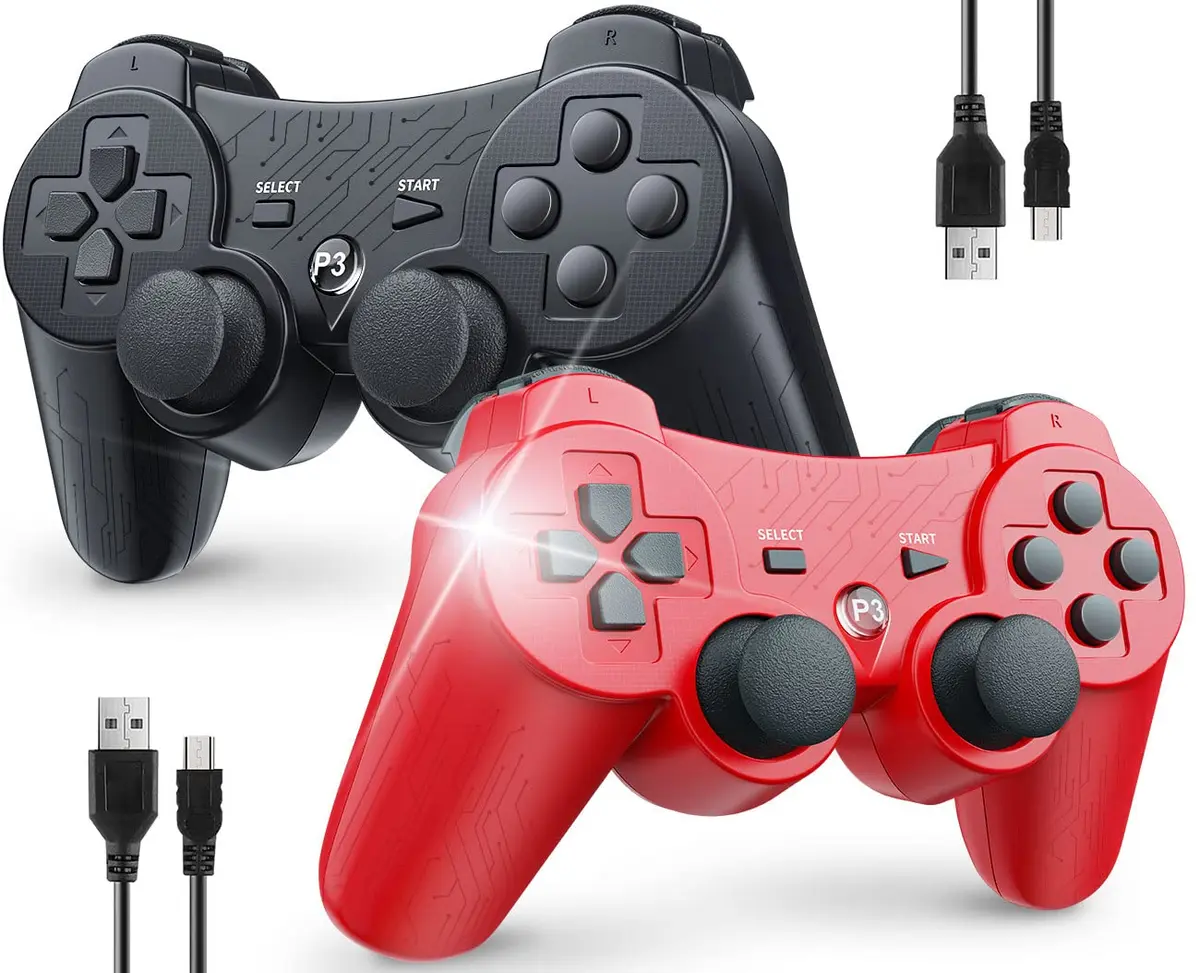 OKHAHA Wireless Controller for PS3 2 Pack | Double Shock & Motion Sensor, Bluetooth, Rechargeable, Ergonomic (Black + Red) - main product image