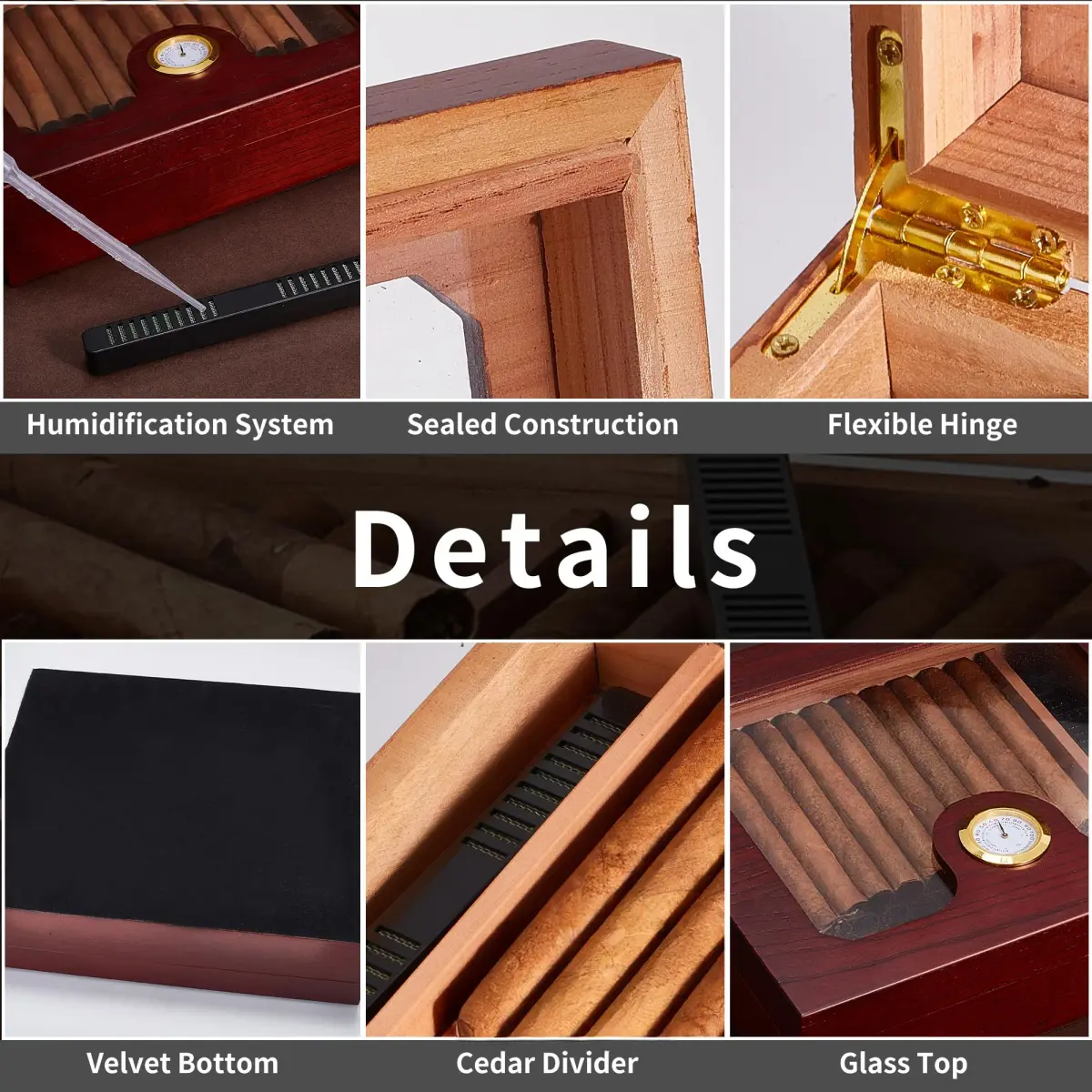 Somduy Cedar Wood Cigar Humidor for 30-50 Cigars with Humidifier & Hygrometer | Glass Top Desktop Case - view 6