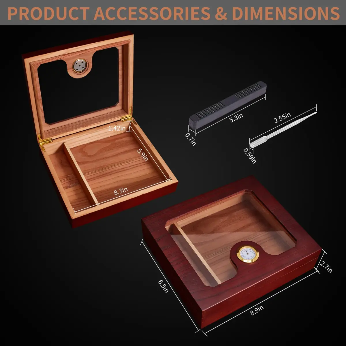 Somduy Cedar Wood Cigar Humidor for 30-50 Cigars with Humidifier & Hygrometer | Glass Top Desktop Case - view 4