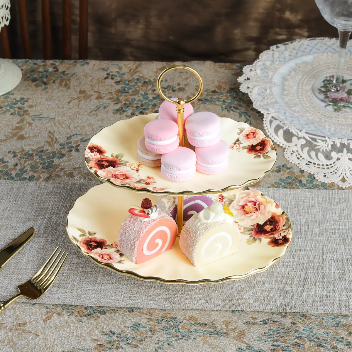 fanquare 2 Tier Vintage Floral White Porcelain Cupcake Stand | Elegant Serveware for Parties & Events - view 3