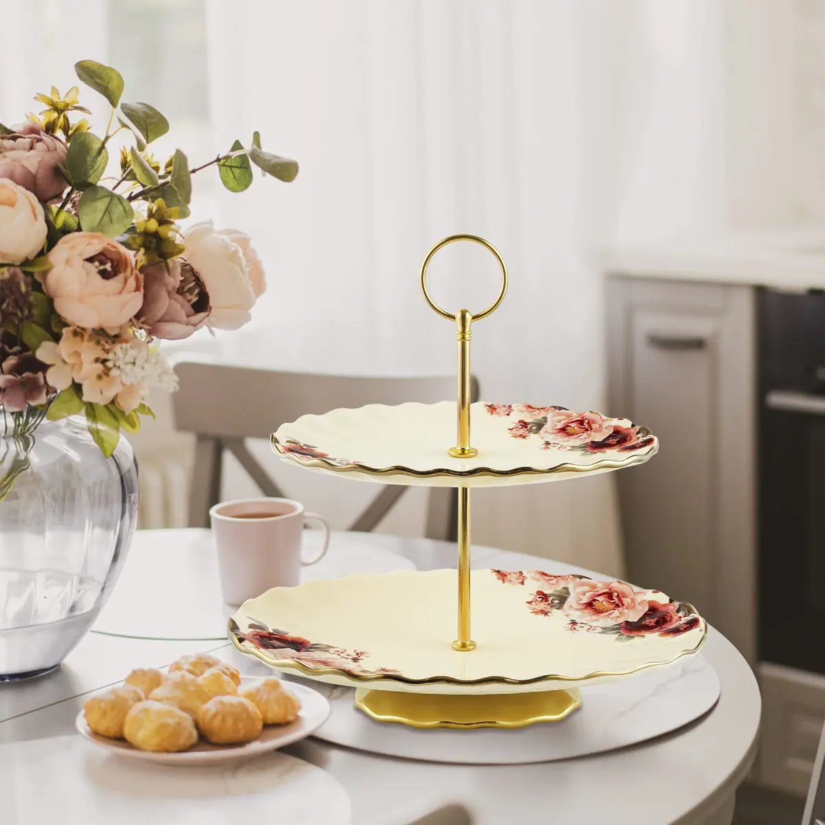 fanquare 2 Tier Vintage Floral White Porcelain Cupcake Stand | Elegant Serveware for Parties & Events - view 4