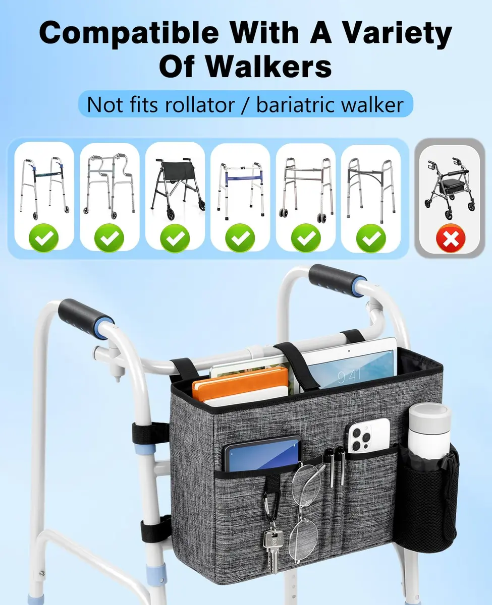 Rhino Valley Walker Basket with Cup Holder | Foldable Walker Bag for Seniors, Durable Polyester, Fits Most Walkers - view 5