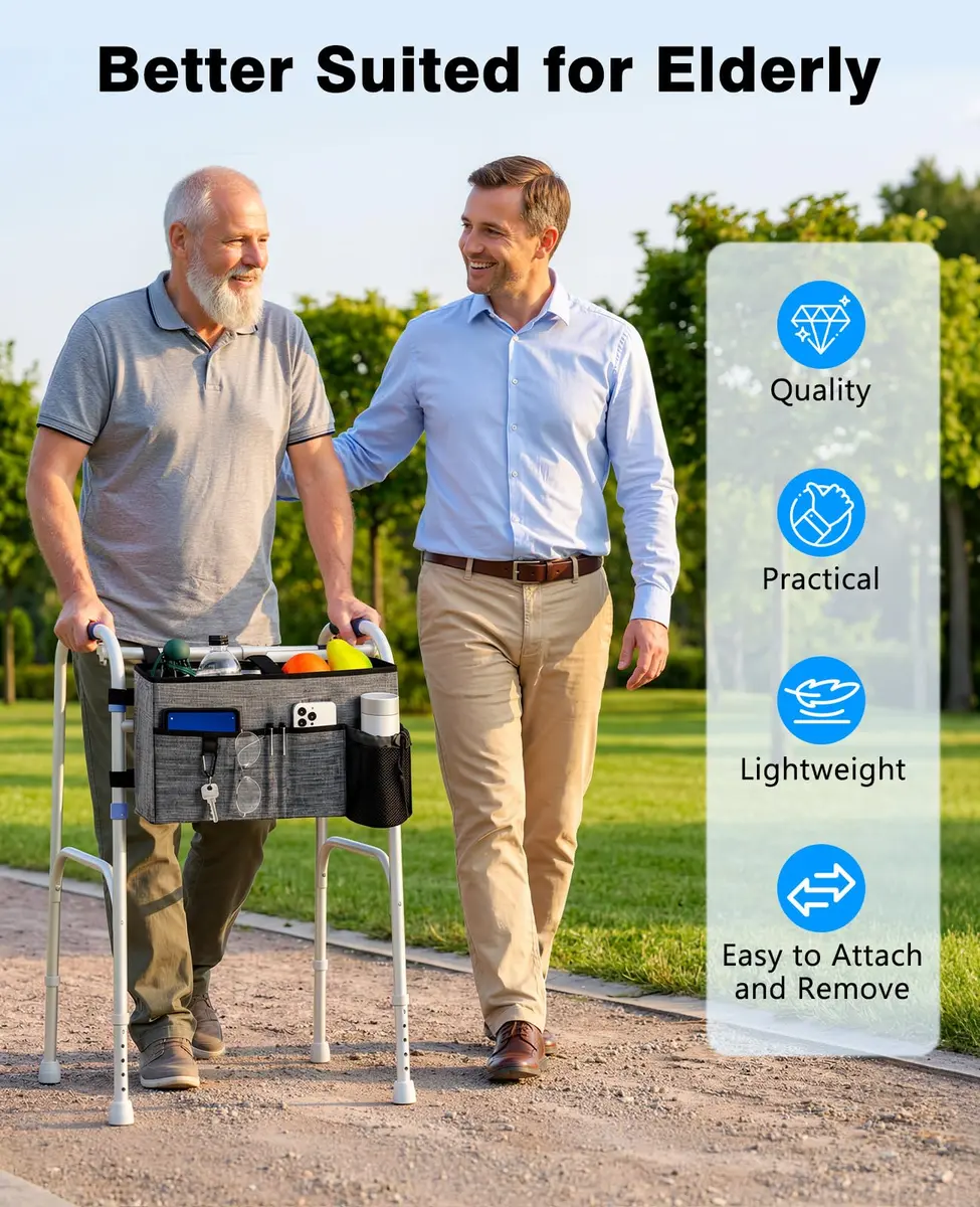 Rhino Valley Walker Basket with Cup Holder | Foldable Walker Bag for Seniors, Durable Polyester, Fits Most Walkers - view 6