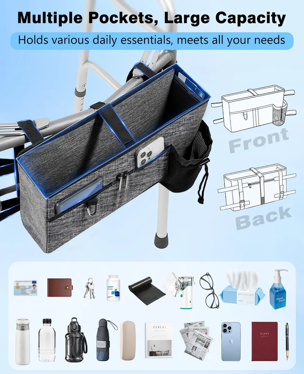 Rhino Valley Walker Basket with Cup Holder | Foldable Walker Bag for Seniors, Durable Polyester, Fits Most Walkers - view 2