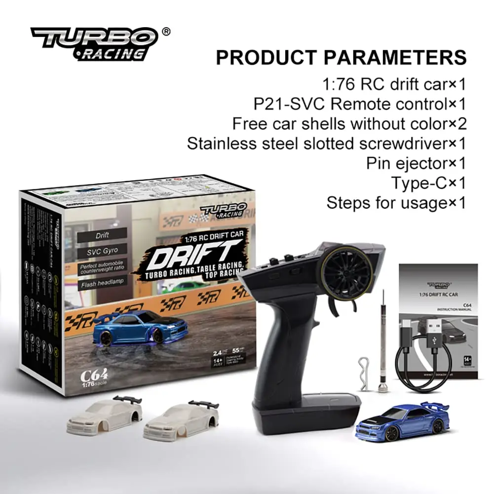 FLYCOLOR C64 Drift RC Car 1:76 Scale | Proportional Steering, 30 Min Play, Blue - view 6