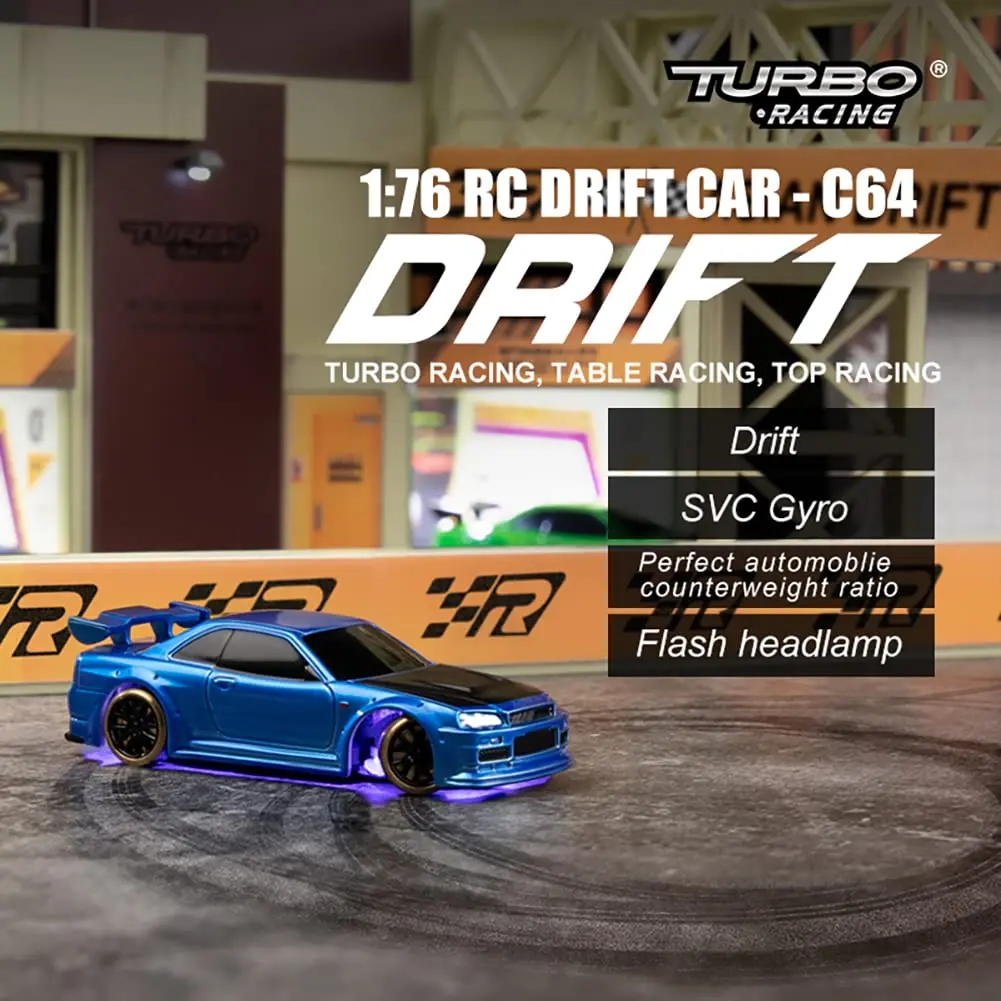 FLYCOLOR C64 Drift RC Car 1:76 Scale | Proportional Steering, 30 Min Play, Blue - view 2
