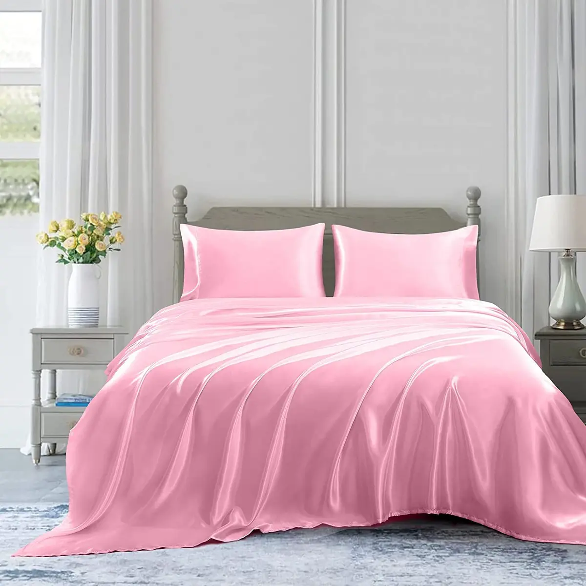 Homiest Pink Satin Flat Sheet Twin | Silky, Wrinkle-Resistant, Hair & Skin Friendly - view 5