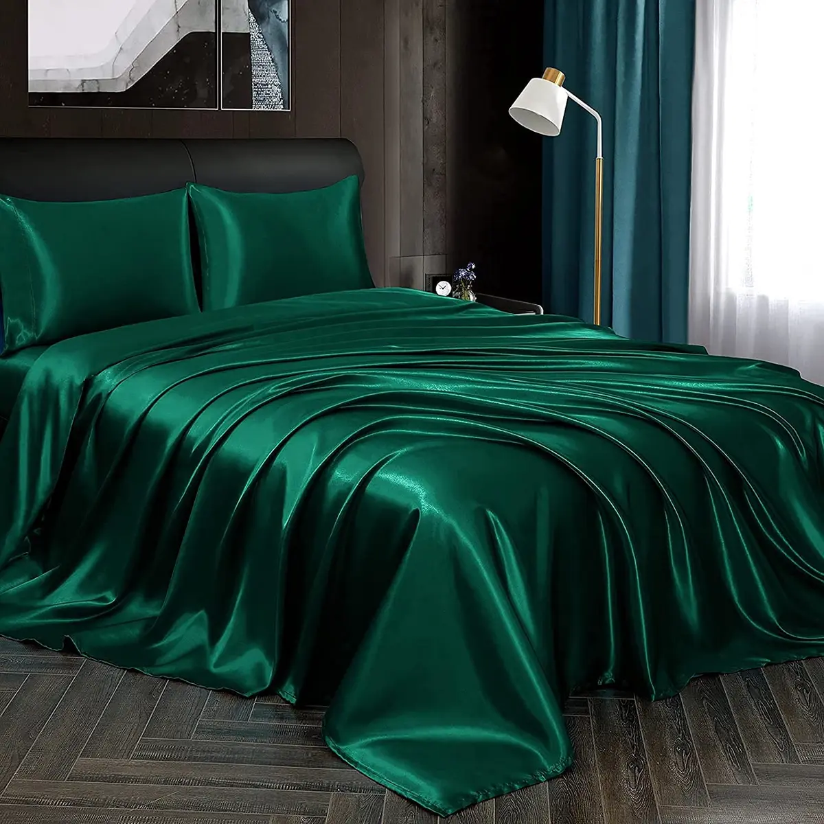 Homiest Blackish Green Satin Flat Sheet Twin | Silky, Wrinkle-Resistant, 100% Polyester - view 5