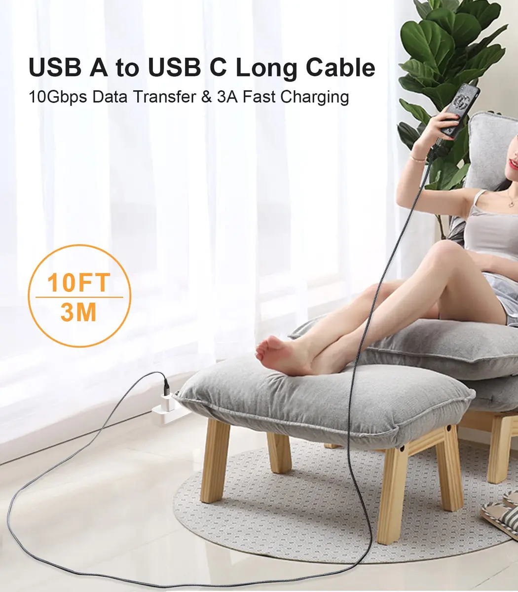 Aoybevty USB A to USB C Cable 10FT (3.05m), 10Gbps Data Transfer & 60W Fast Charging | Grey - view 5