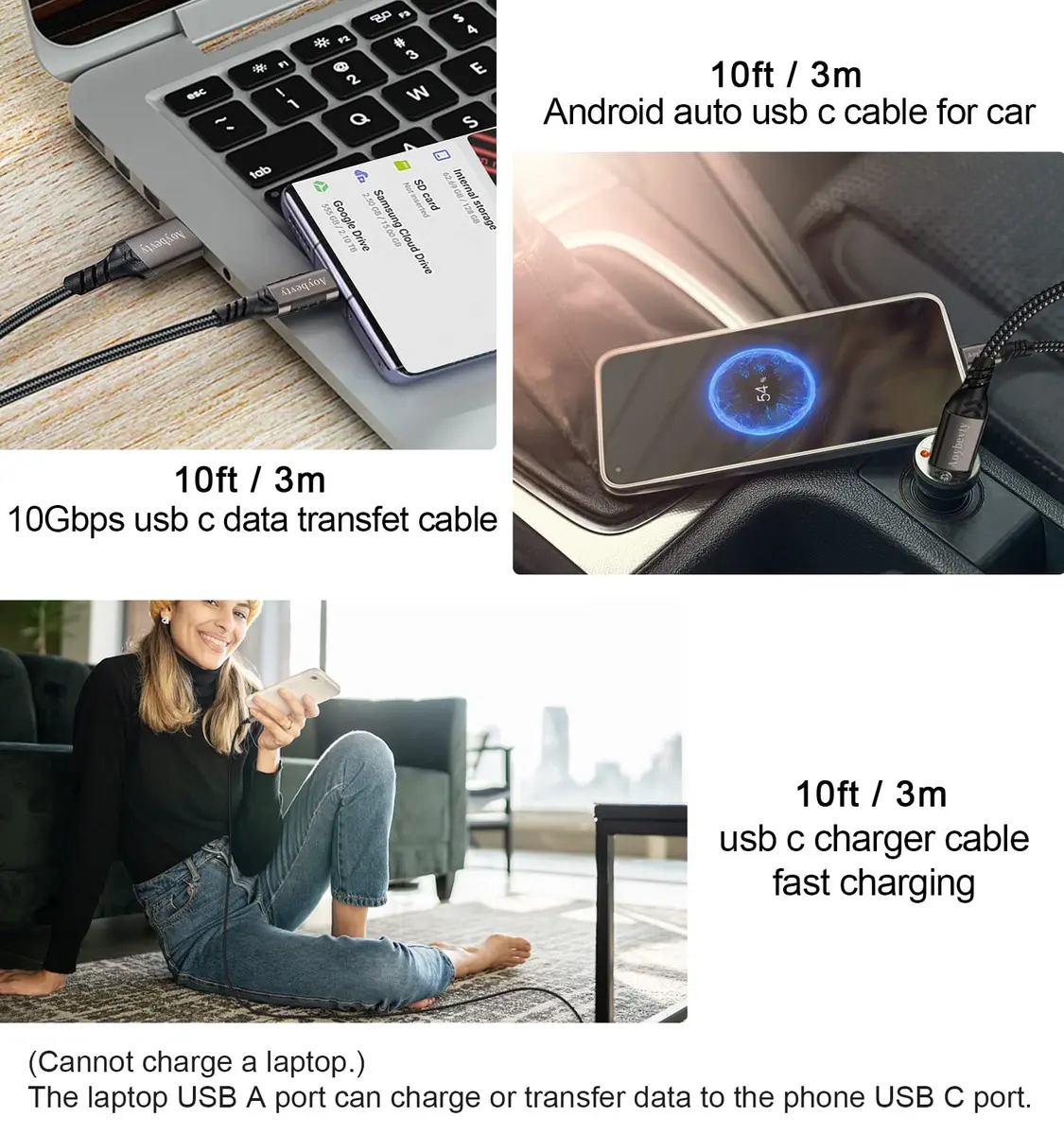 Aoybevty USB A to USB C Cable 10FT (3.05m), 10Gbps Data Transfer & 60W Fast Charging | Grey - view 6