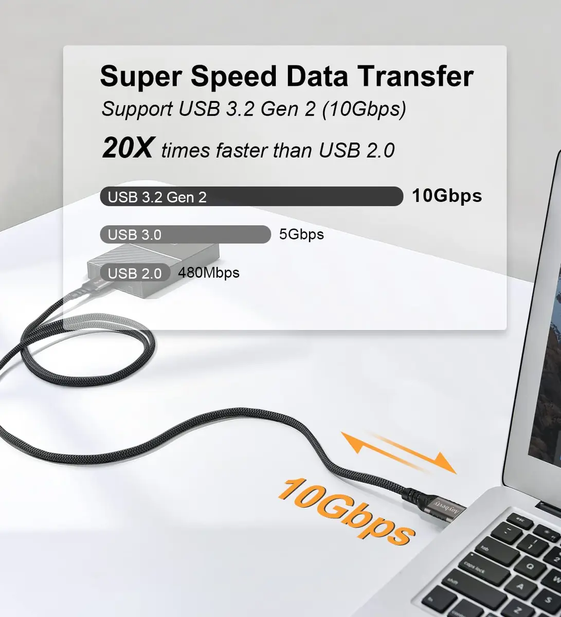 Aoybevty USB A to USB C Cable 10FT (3.05m), 10Gbps Data Transfer & 60W Fast Charging | Grey - view 3