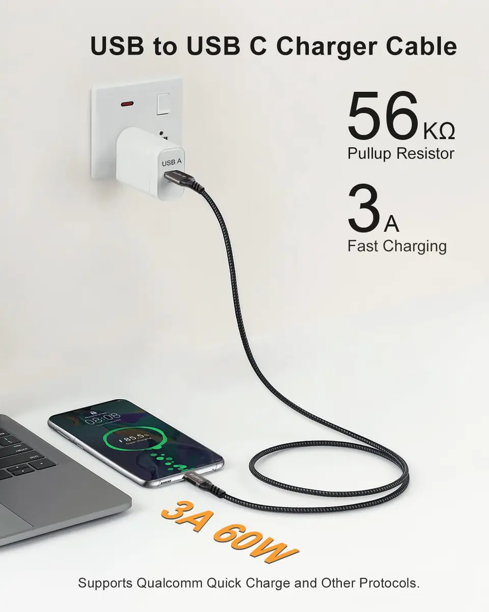 Aoybevty USB A to USB C Cable 10FT (3.05m), 10Gbps Data Transfer & 60W Fast Charging | Grey - view 4