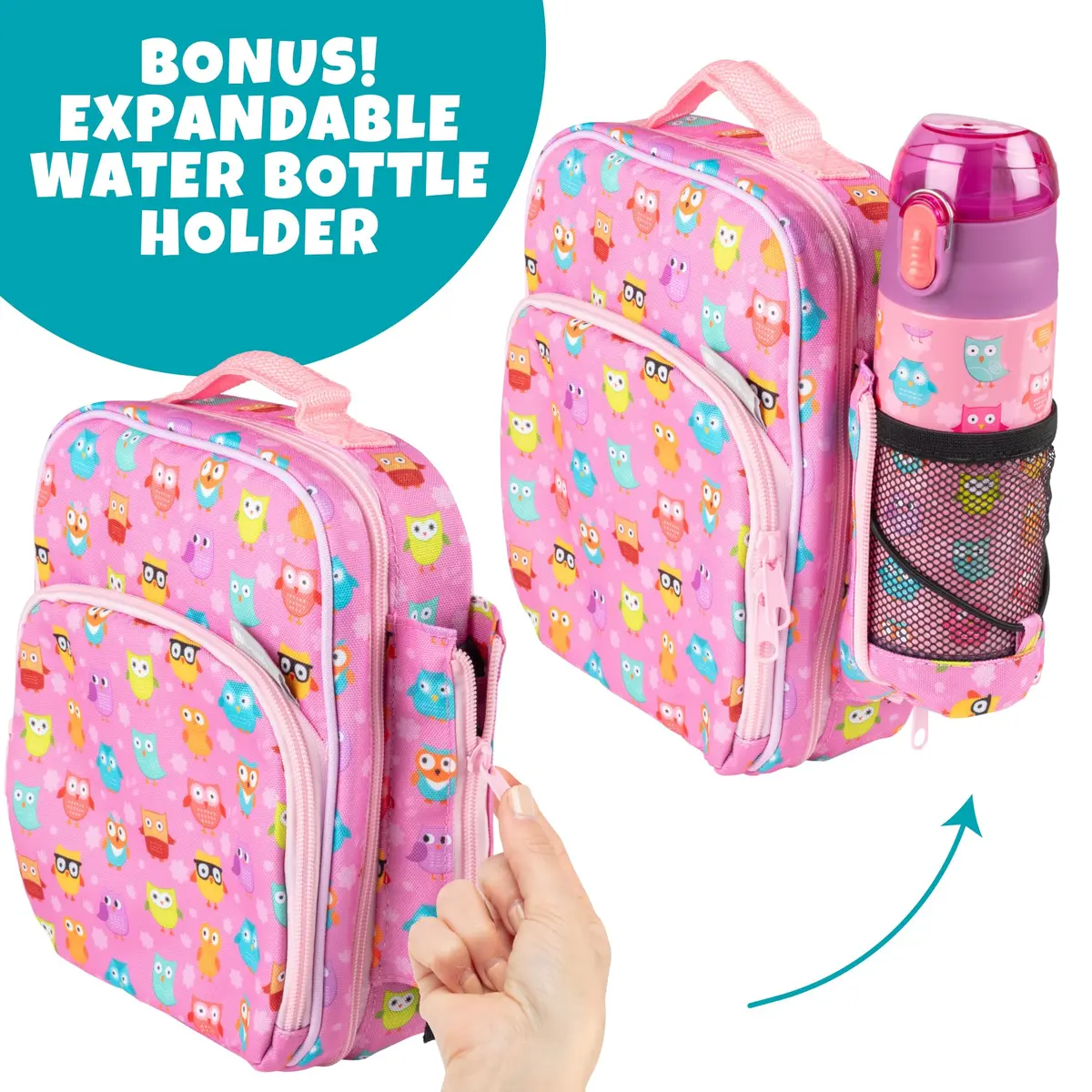 Bentology Owl Kids Insulated Lunch Bag Set with Water Bottle and Ice Pack, 10 x 8 x 3.5 inches (25.4 x 20.3 x 8.9 cm) - view 6
