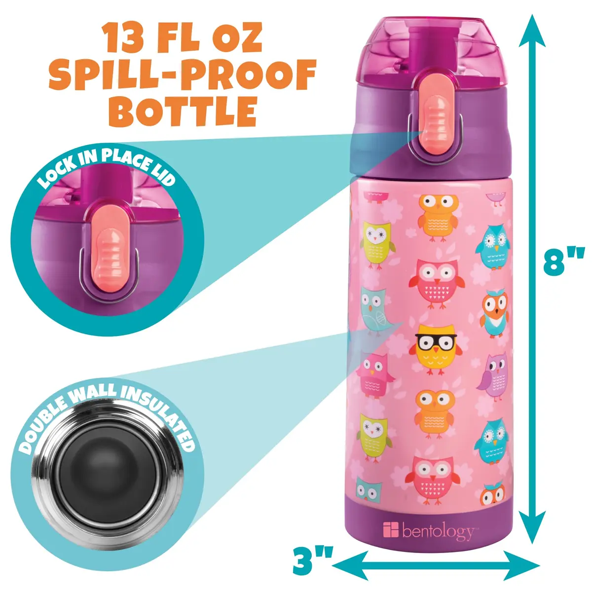 Bentology Owl Kids Insulated Lunch Bag Set with Water Bottle and Ice Pack, 10 x 8 x 3.5 inches (25.4 x 20.3 x 8.9 cm) - view 4