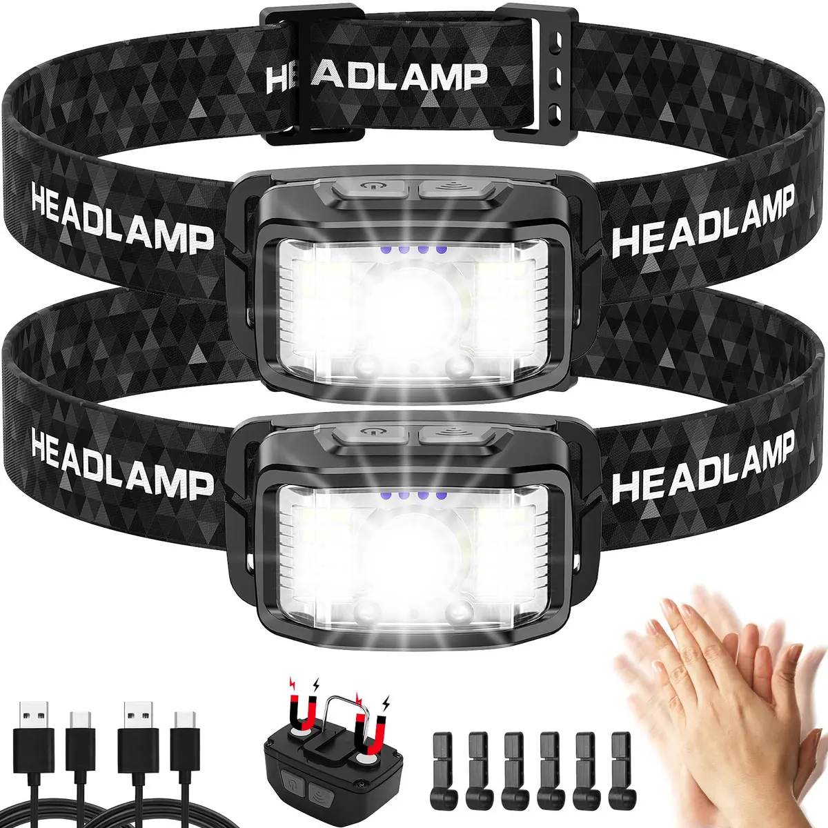 KIDECCE Headlamp Rechargeable 2000 Lumens | 16 Modes, IPX6 Waterproof, Lightweight, 2 Pack - main product image