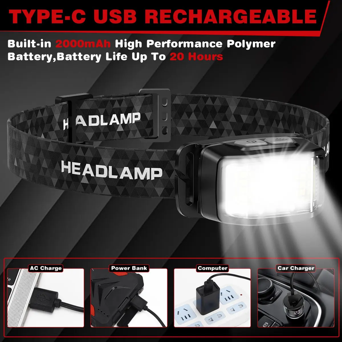 KIDECCE Headlamp Rechargeable 2000 Lumens | 16 Modes, IPX6 Waterproof, Lightweight, 2 Pack - view 5
