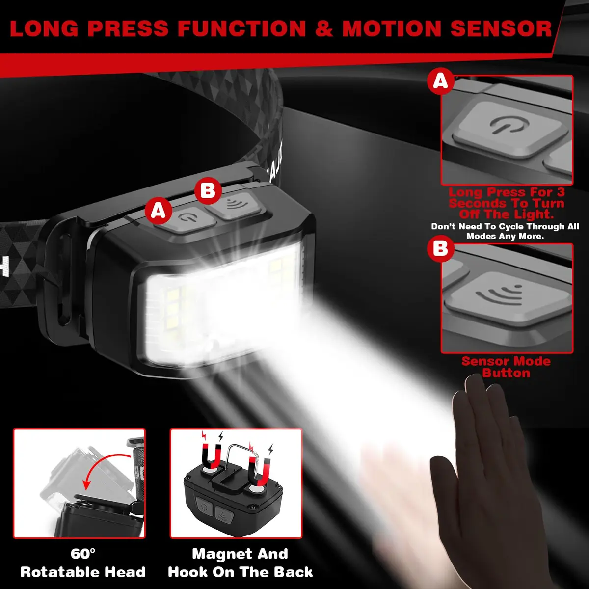 KIDECCE Headlamp Rechargeable 2000 Lumens | 16 Modes, IPX6 Waterproof, Lightweight, 2 Pack - view 4