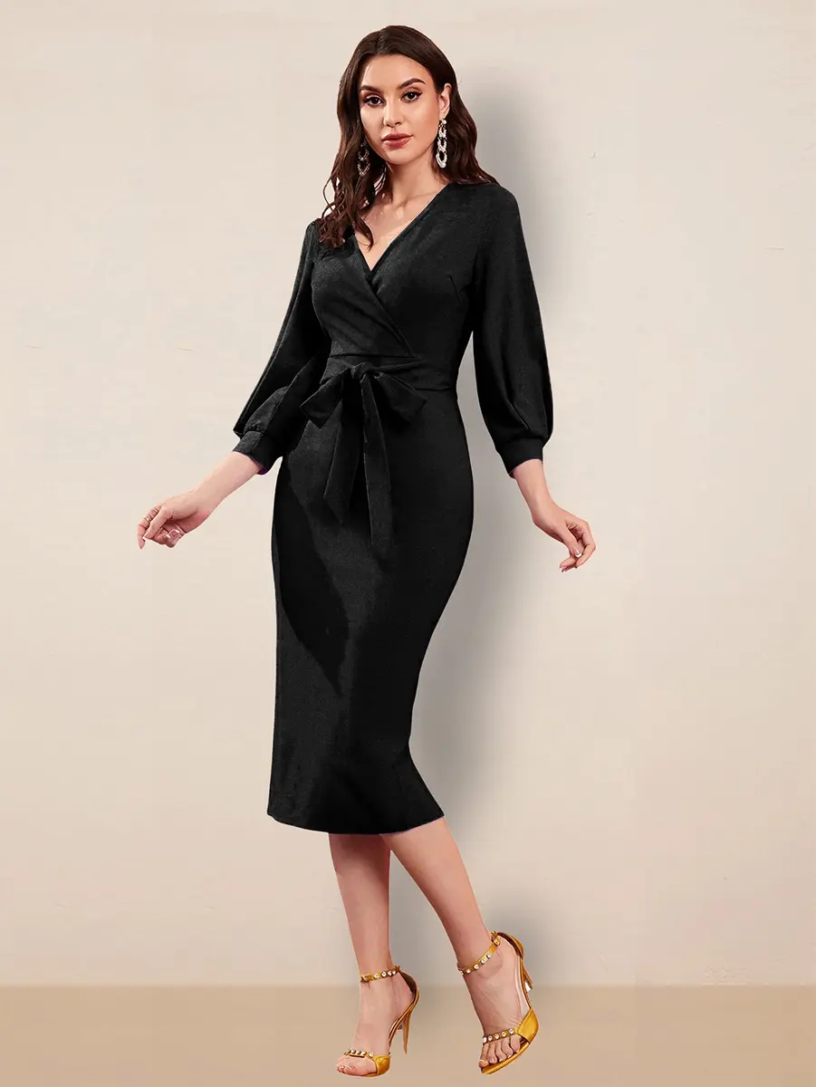 rosery paris Women V Neck Full Sleeve Formal Knee-Length Dress | Elegant Black Floral Western Attire - view 5