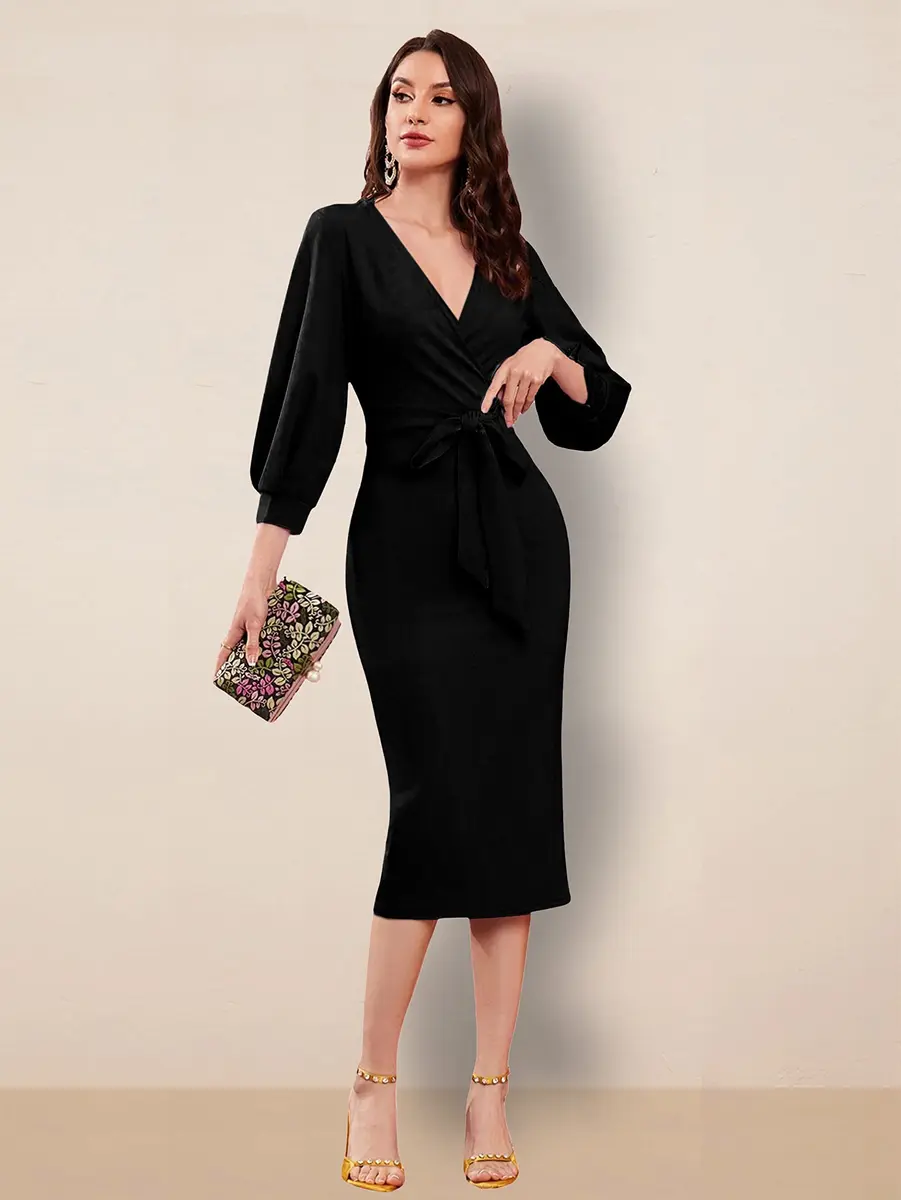 rosery paris Women V Neck Full Sleeve Formal Knee-Length Dress | Elegant Black Floral Western Attire - view 2