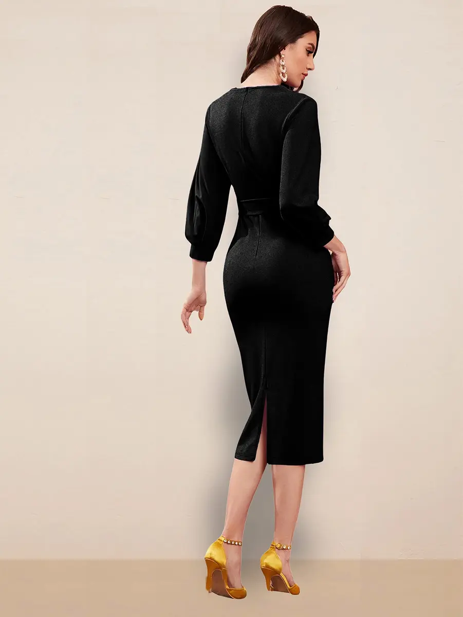 rosery paris Women V Neck Full Sleeve Formal Knee-Length Dress | Black Floral Western Style (70-120 chars) - view 3