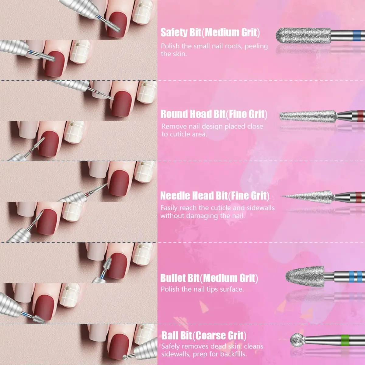 Depvko 21Pcs Nail Drill Bits Set 3/32 Inch with Portable Pink Case | Professional Manicure Tool Kit - view 5