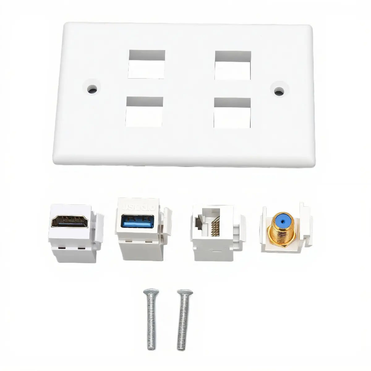 ASHATA 4 Port HDMI Coax Ethernet Wall Plate | HDMI, USB 3.0, RJ45, Cat6 Compatible (7.5cm x 11.7cm x 3.2cm) - main product image