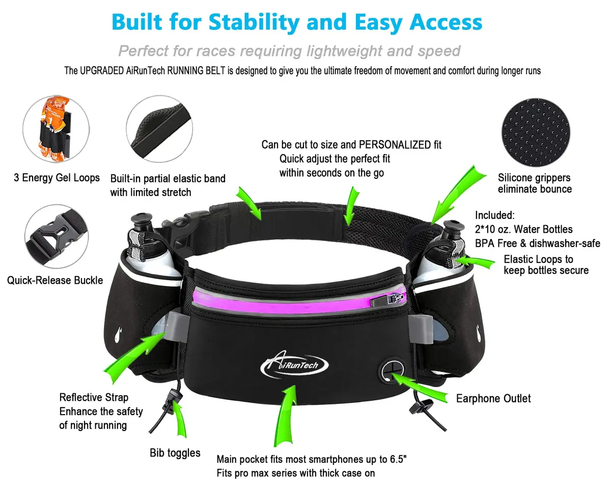 AiRunTech Hydration Running Belt with Bottles Zero Bounce Design for Running, Triathlon, Marathon, 10K, 5K, Trail Fit for Most Smartphones(2 * 300ml / 10OZ Bottle) - view 3
