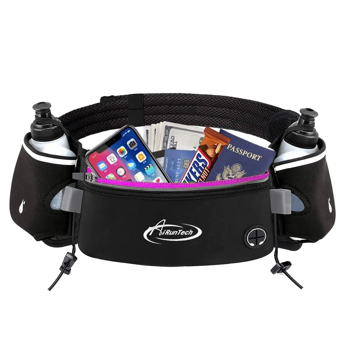 AiRunTech Hydration Running Belt with Bottles Zero Bounce Design for Running, Triathlon, Marathon, 10K, 5K, Trail Fit for Most Smartphones(2 * 300ml / 10OZ Bottle) - view 4