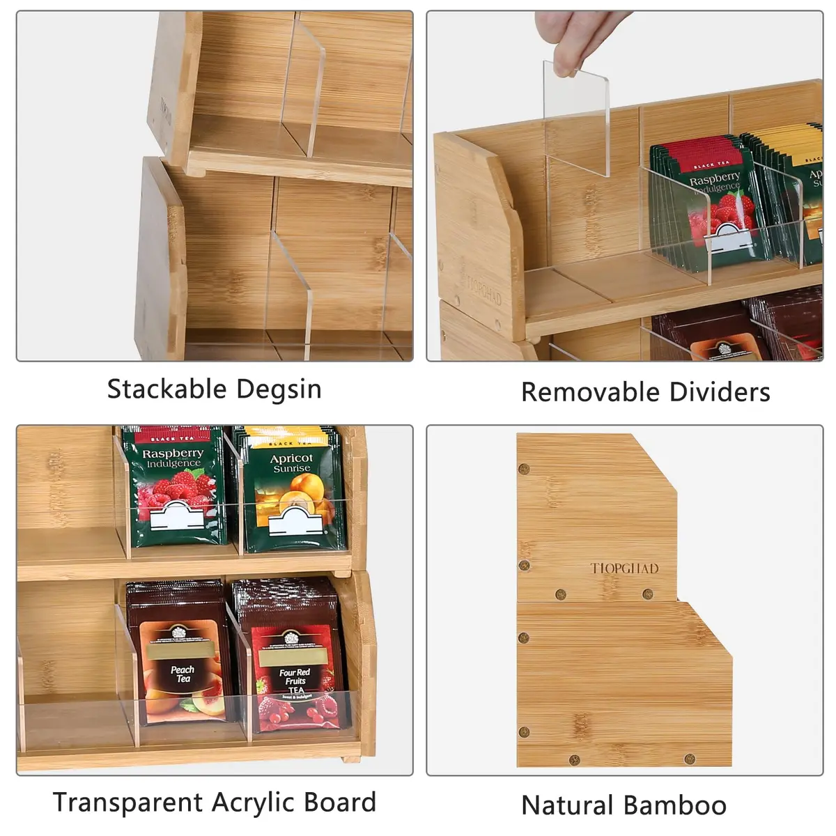 TIOPGHAD 2-Layer Stackable Bamboo Tea Bag Organizer Holder 32cm (12.2in) | Holds 150 Tea Bags - view 5