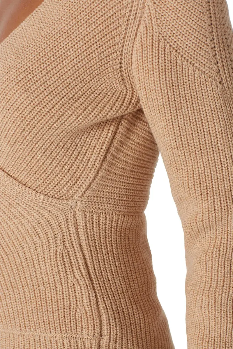 TOME Collective Cross Over Sweater S | Brown Cotton Fitted Sweater with V-Neck - view 5