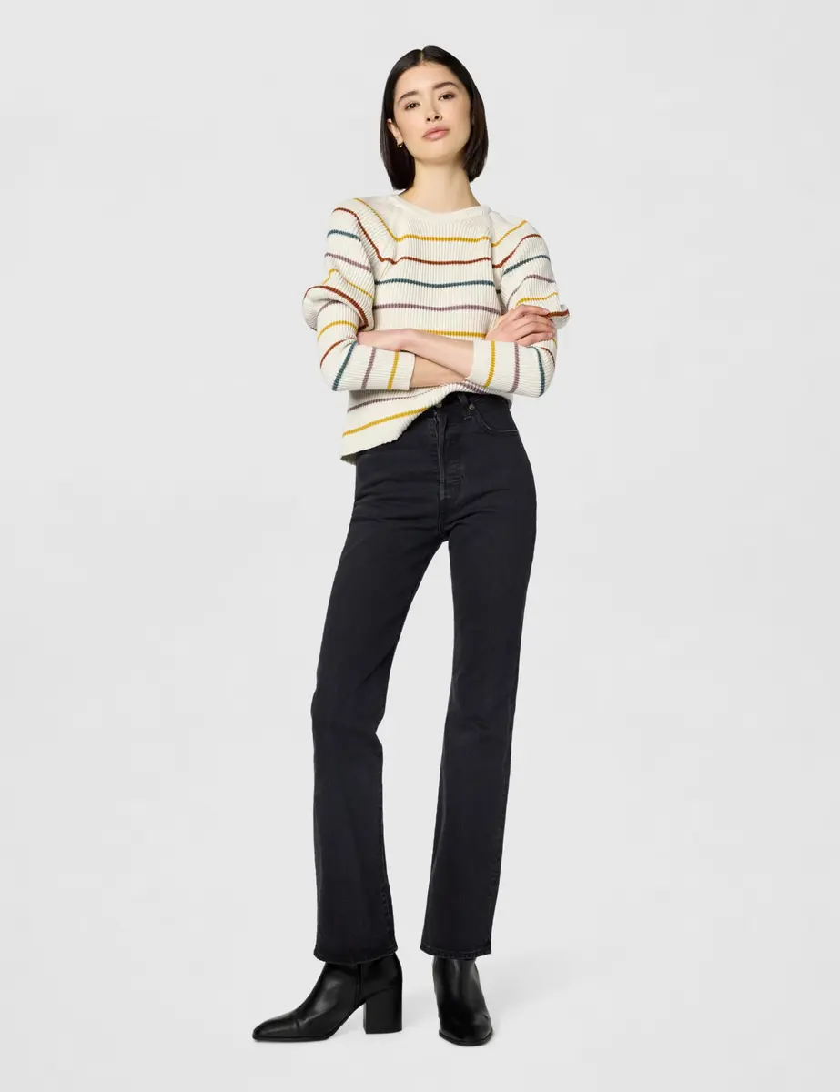 Saylor Puff Sleeve Striped Sweater, White, Large | Cozy Knit Statement Piece - view 8