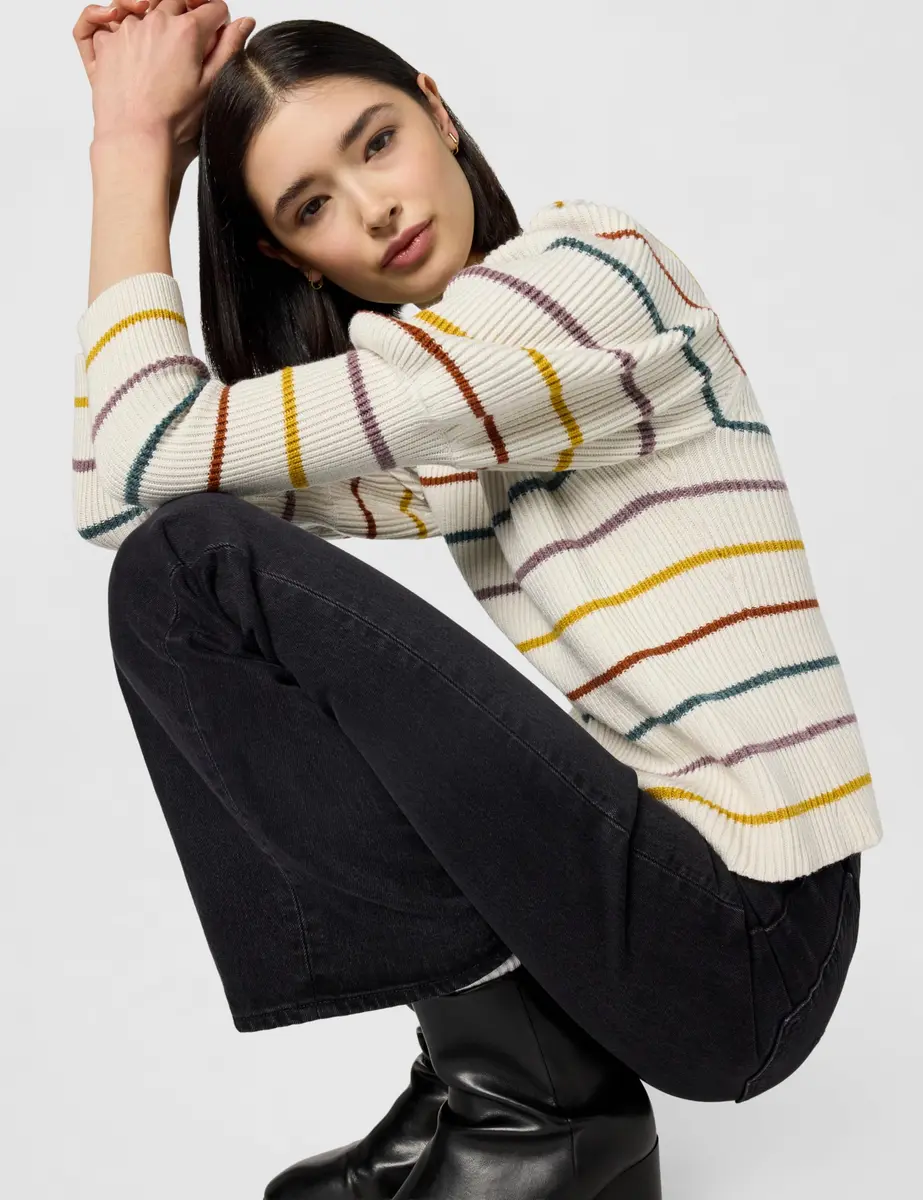 Saylor Puff Sleeve Striped Sweater, White, Large | Cozy Knit Statement Piece - view 2